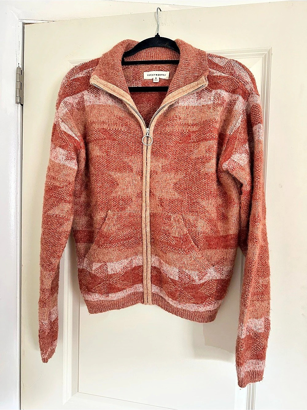 LUCKY BRAND Abstract Zip Sweater in Red & Pink Size Medium